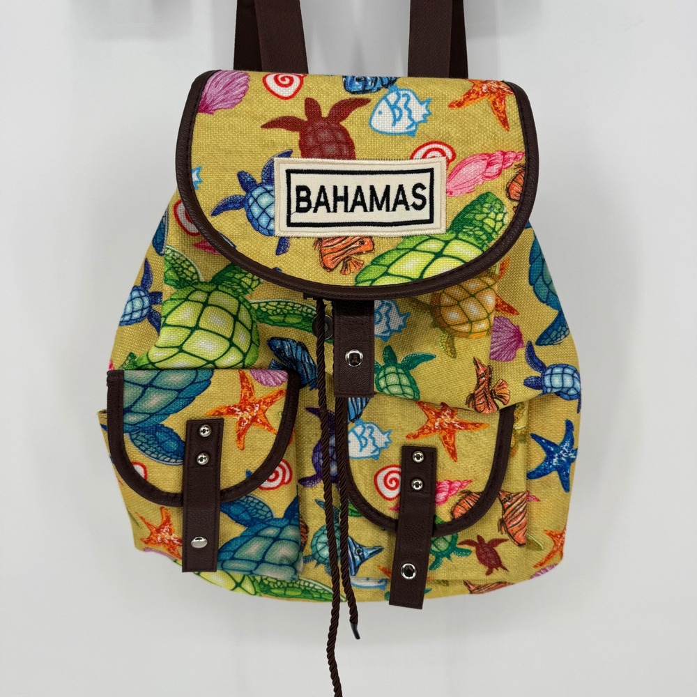 Bahamas Turtle Seashell‎ Print Mini Backpack Yellow Brown Adjustable Straps